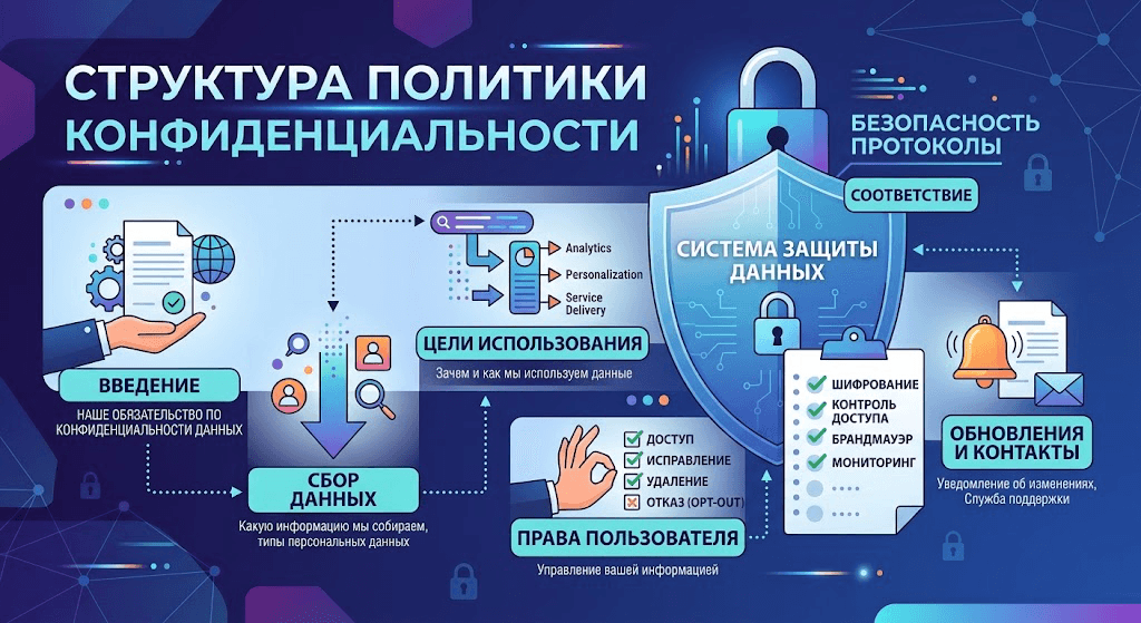 Структура политики конфиденциальности: сбор данных, цели использования, права пользователя, защита и контакты